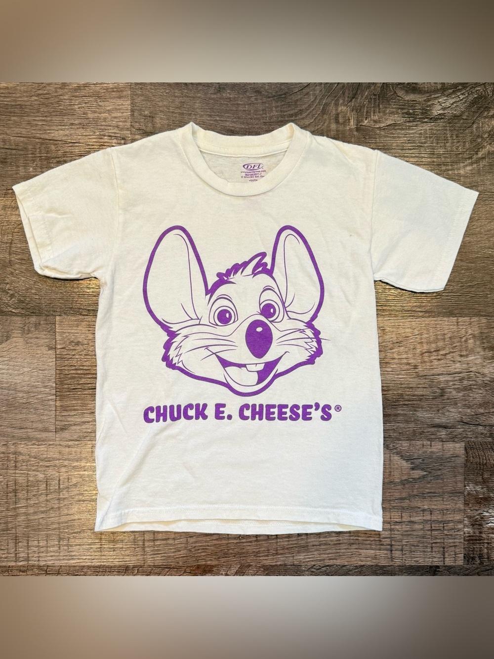 Chuck E Cheese Vintage Y2K 2014 Logo Tee Youth Shirt Small Unisex White Purple